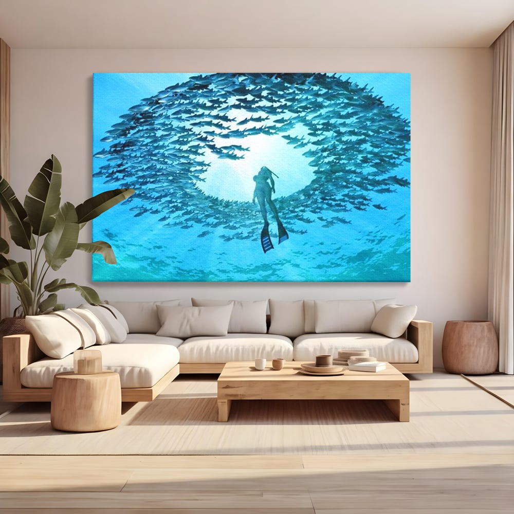 Tablou canvas cu tablou canvas cu scafandru si vartej de pesti, fara rama, pe sasiu de lemn, pe perete intr-un living